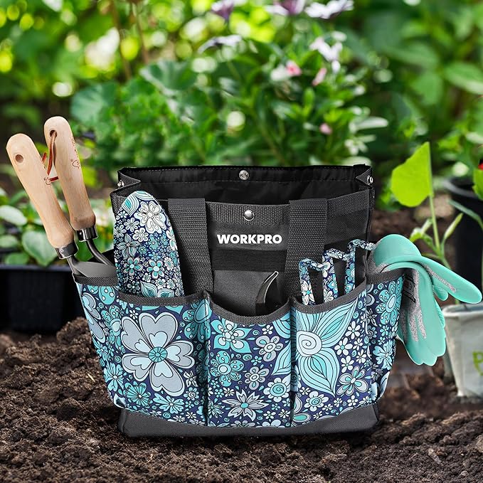 WORKPRO Garden Tool Bag, 9 Pockets Gardening Bag, Heavy Duty Oxford Garden Tote Caddy (Tools NOT Included), 12" x 12" x 6" (Floral Blue)-VerdiqueGarden