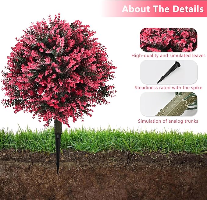 28" Set of 2 Artificial Boxwood Topiary Ball Bush for Outdoor with Ground Spike, UV Resistant Faux Greenery Shrubs, Fake Rose&Green Boxwood Plants for Garden, Yard, Porch, Patio Decor-VerdiqueGarden