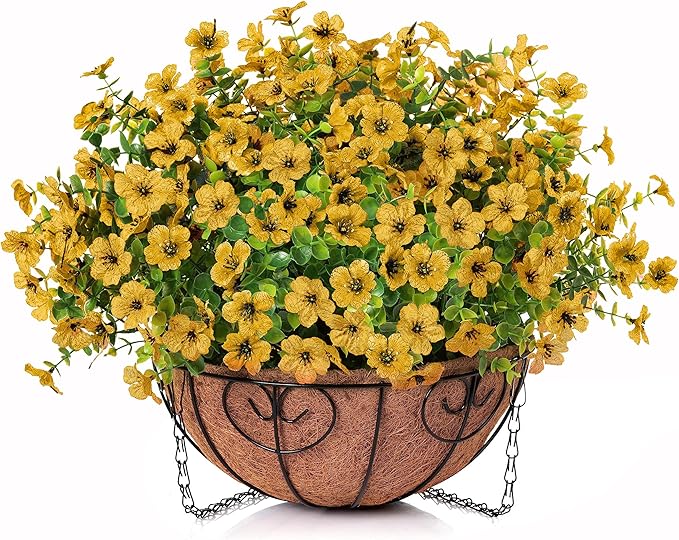 Artificial Fake Fall Hanging Mums Plants Flowers Basket for Outdoor, Autumn Faux Silk Yellow Daisy in Hang Planter Look Real UV Resistant for Porch Home Patio Balcony Yard Decor-VerdiqueGarden