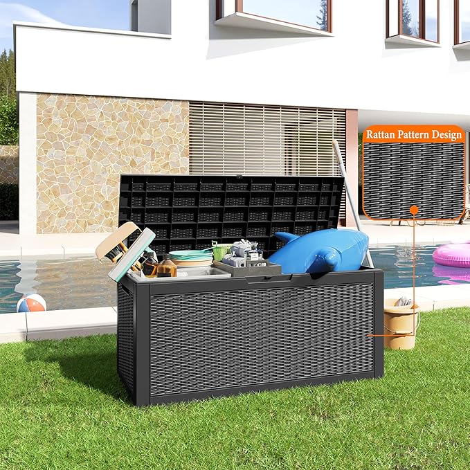 100 Gallon Resin Deck Box, Lockable Patio Outdoor Storage Box for Furniture, Garden Tools and Tools Storage, Waterproof Outside Storage Boxes - Black-VerdiqueGarden