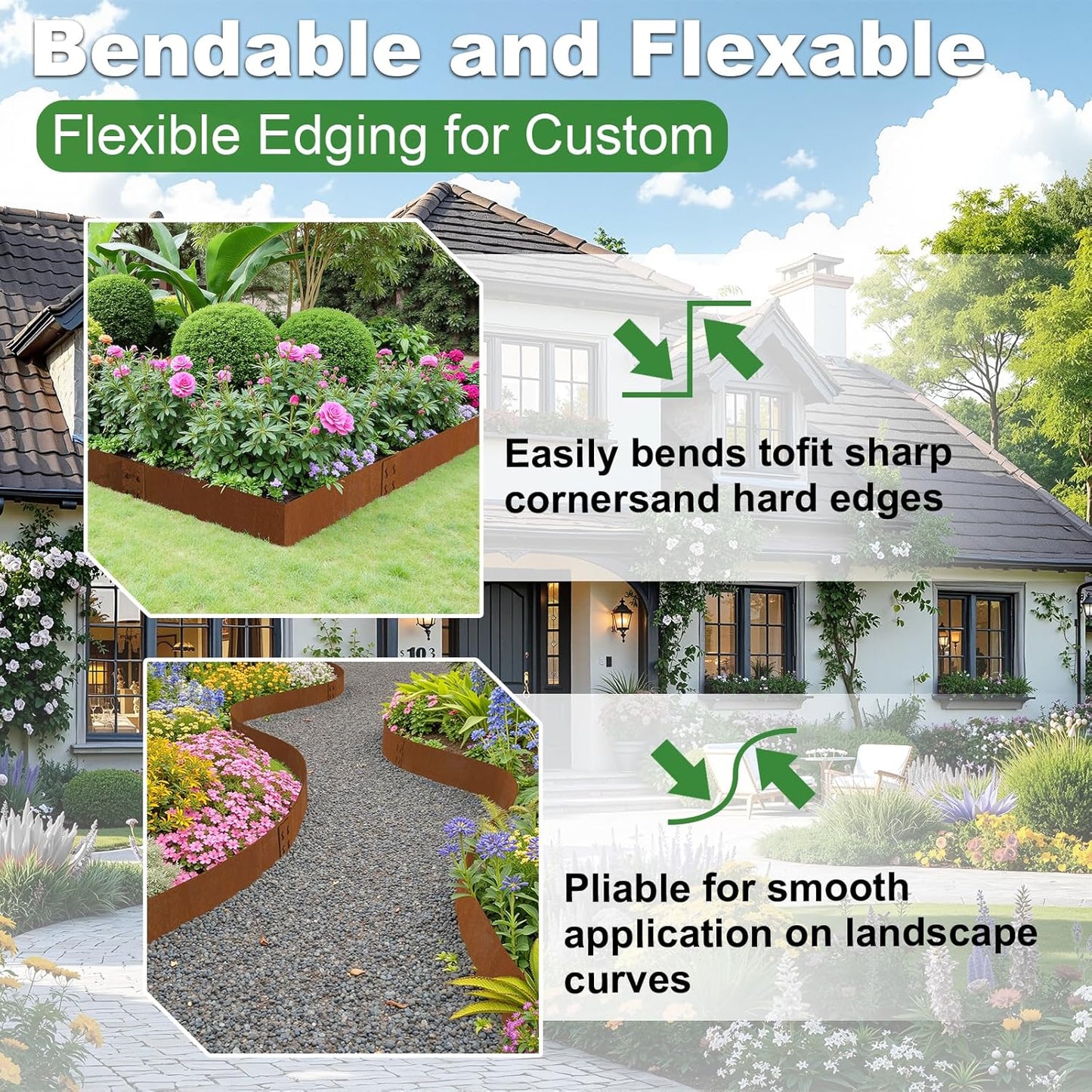 Heavy-Duty Cor-Ten Steel Landscape Edging (8" H x 40" L) - 6-Pack (20 Ft Total) | Pre-Rusted, Weatherproof Garden Border | Hammer-in, No Dig, Bendable Design for Lawns, Flower Beds & Trees-VerdiqueGarden