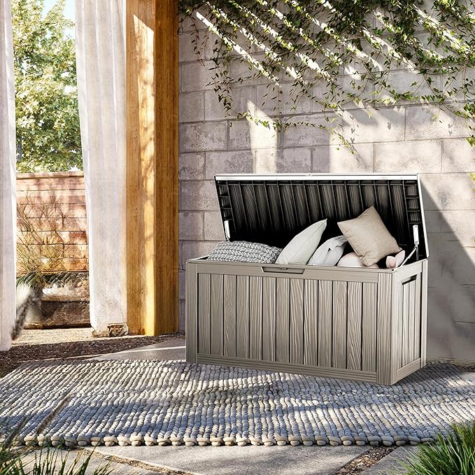 80 Gallon Lockable Resin Deck Box, Waterproof & UV-Resistant Outdoor Storage Box for Outdoor Cushion Storage, Garden Tools & Pool Accessories Storage, Gray-VerdiqueGarden