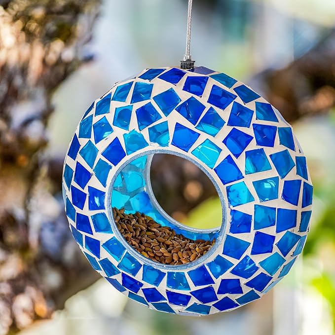 Sunnydaze 6-Inch Glass Mosaic Hanging Bird Feeder for Outdoors - Fly-Through Wild Bird Feeder - Blue Mosaic-VerdiqueGarden