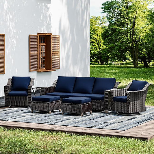 Joyside Wicker Patio Furniture Sets, 6 Pieces Upgraded Large Size Outdoor Furniture with Swivel Rocking Patio Chairs, Outdoor Ottoman, 3-Seat Sofa and Side Table, Thick Cushions, Wide Armrest-VerdiqueGarden