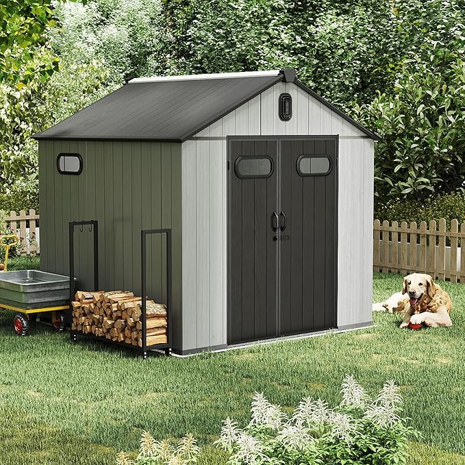 Domi 8x8FT Outdoor Resin Storage Shed with Transparent Windows & Louvered Vents, Plastic Tool Shed with Double Lockable Doors & Gable Roof, Outside Garden Shed for Backyard, Patio, Lawn, Grey-VerdiqueGarden