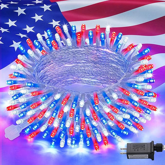 JMEXSUSS Red White & Blue Lights Clear Wire, 66 Ft 200 LED 4th of July Decorations String Lights Plug in, Christmas Lights for Independence Day Celebration Party Memorial Day Patriotic Holidays Decor-VerdiqueGarden
