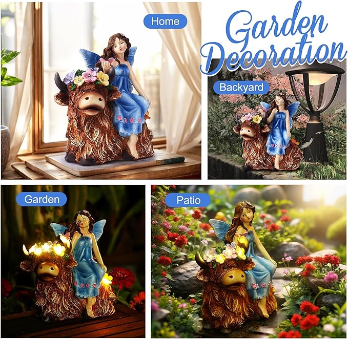 Solar Angel Garden Statue - Garden Fairy Sitting on a Highland Cow with Flowers, Butterflies and 5 LED Lights - Decorate Table, Terrace, Lawn, Birthdays, Grandma, mom-VerdiqueGarden