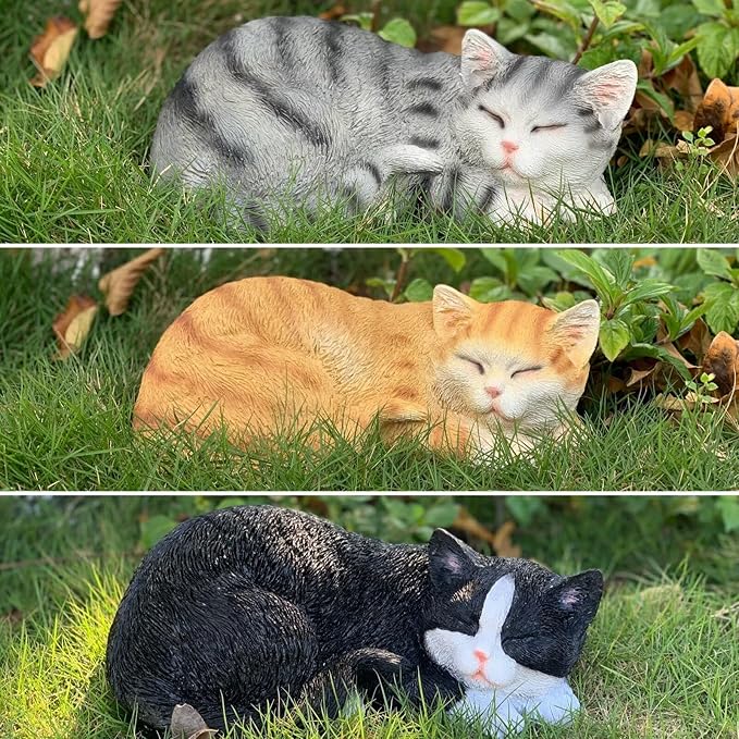 Garden Decor Cat Statue Outdoor Statue, Cat Figurines Garden Statues & Sculpture Decoration, Sleeping Cat Statue Decor for Patio, Porch and Lawn, Cat Gifts for Cat Lover and Women, Cat Memorial Stone-VerdiqueGarden