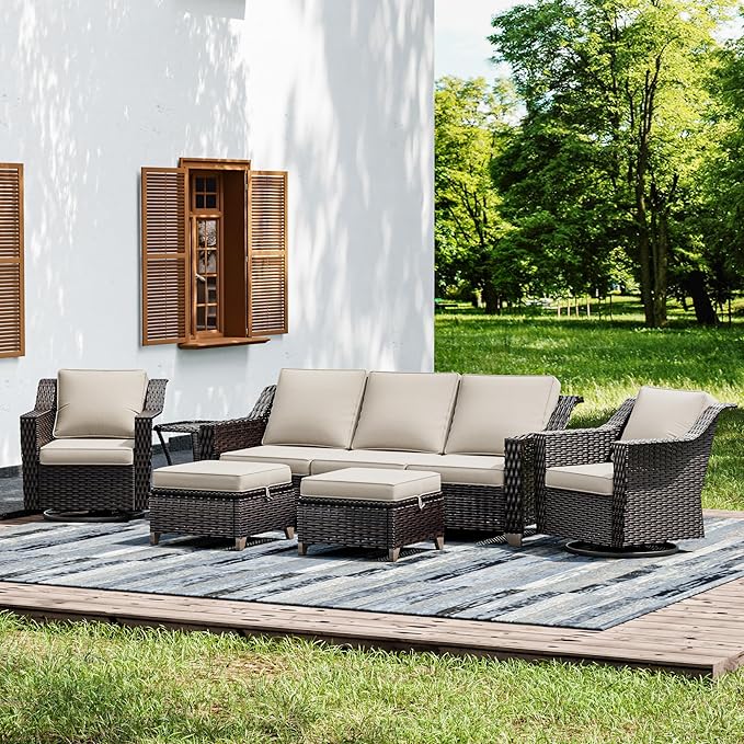 Joyside Wicker Patio Furniture Sets, 6 Pieces Upgraded Large Size Outdoor Furniture with Swivel Rocking Patio Chairs, Outdoor Ottoman, 3-Seat Sofa and Side Table, Thick Cushions, Wide Armrest-VerdiqueGarden