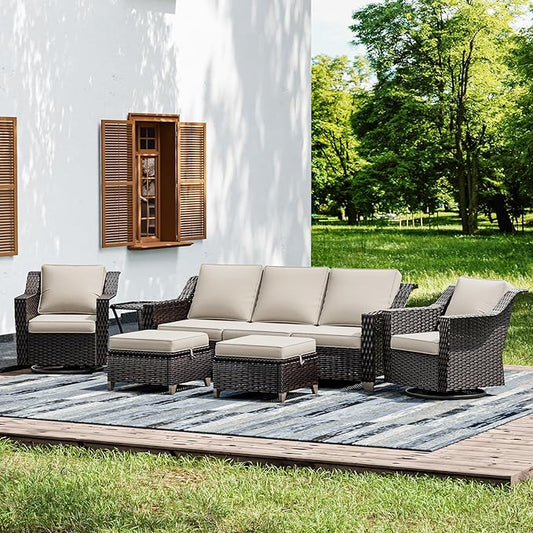 Joyside Wicker Patio Furniture Sets, 6 Pieces Upgraded Large Size Outdoor Furniture with Swivel Rocking Patio Chairs, Outdoor Ottoman, 3-Seat Sofa and Side Table, Thick Cushions, Wide Armrest-VerdiqueGarden