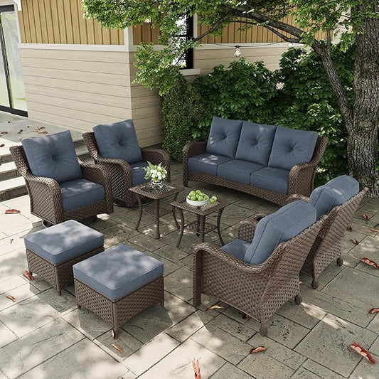9 Pieces Outdoor Patio Furniture Sets with Rocking Swivel Chairs with 6-inch Thick Cushion and Side Table for Deck Lawn-VerdiqueGarden