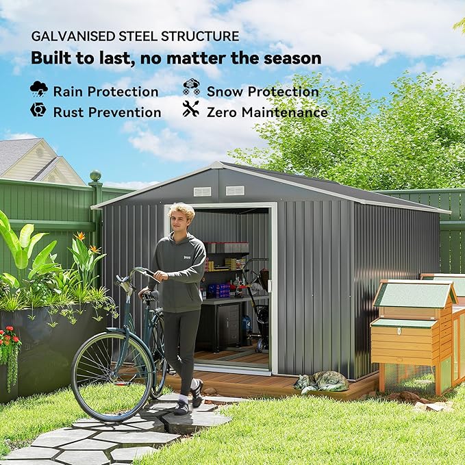 Outsunny 11' x 9' Outdoor Storage Shed, Garden Tool Metal Shed with Foundation Kit, Double Lockable Door, Air Vents and Sloping Roof, for Backyard, Patio, Lawn, Gray-VerdiqueGarden
