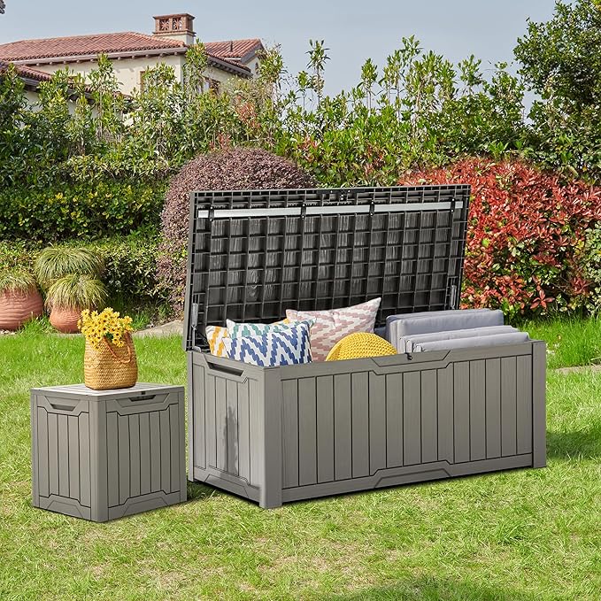 YITAHOME 120 Gallon Outdoor Storage Deck Box, Large Resin Patio Storage for Outdoor Pillows, Garden Tools and Pool Supplies, Waterproof, Lockable (Light Brown)-VerdiqueGarden
