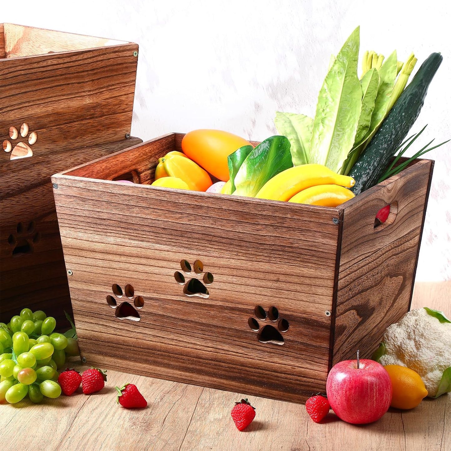3 Pack Rustic Wooden Crates Hollow Claw Wooden Storage Boxes with Handles Dog Toy Box Large Handmade Farmhouse Decorative Wood Crate for Display-VerdiqueGarden