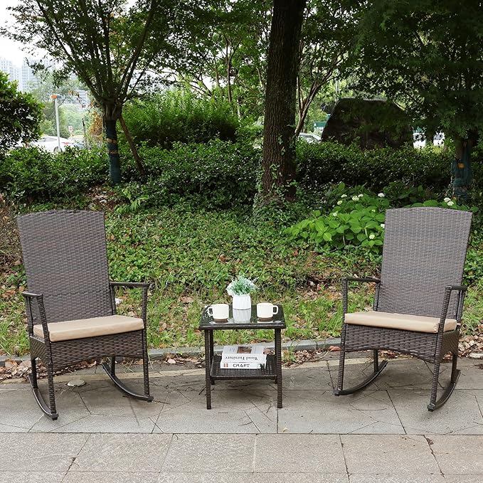 Outdoor Rocking Chair 3 Pieces High-Backed Rocking Chair Outdoor Patio Rocking Chairs Outdoor Table, Khaki-VerdiqueGarden