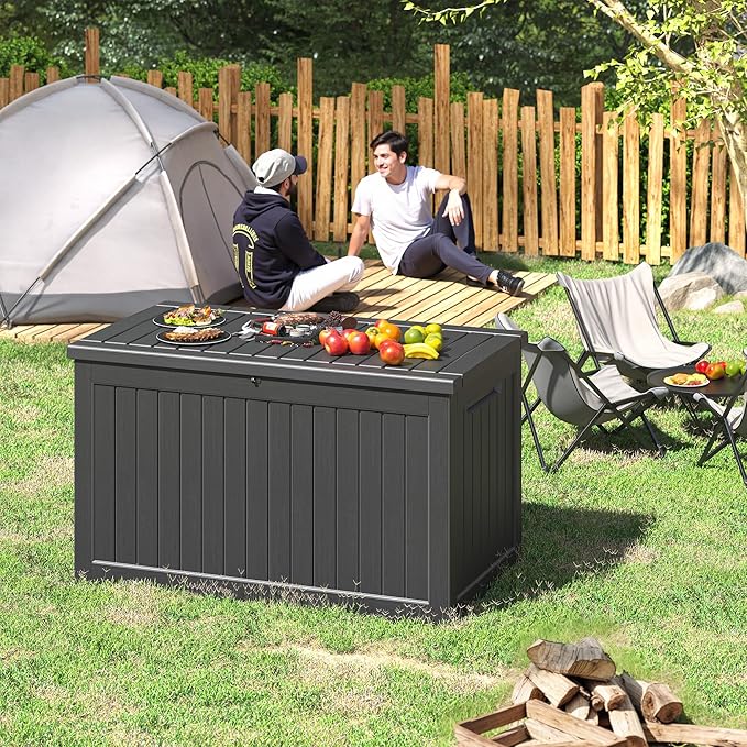 NUNU LAB 230 Gallon Large Resin Deck Box, Waterproof Outdoor Storage Box, Lockable Storage Bin for Patio Furniture, Garden Tools, Pool Accessories, UV-Resistant & All-Weather, Black-VerdiqueGarden