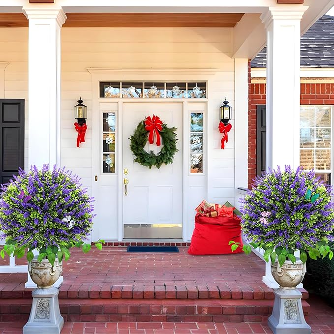 28" Artificial Boxwood Topiary Ball with Lavender, UV Resistant Topiary Tree Faux Boxwood Ball Shaped Porch Bushes with Ground Spike Artificial Bushes for Outdoors Front Door Decor Home Garden-VerdiqueGarden