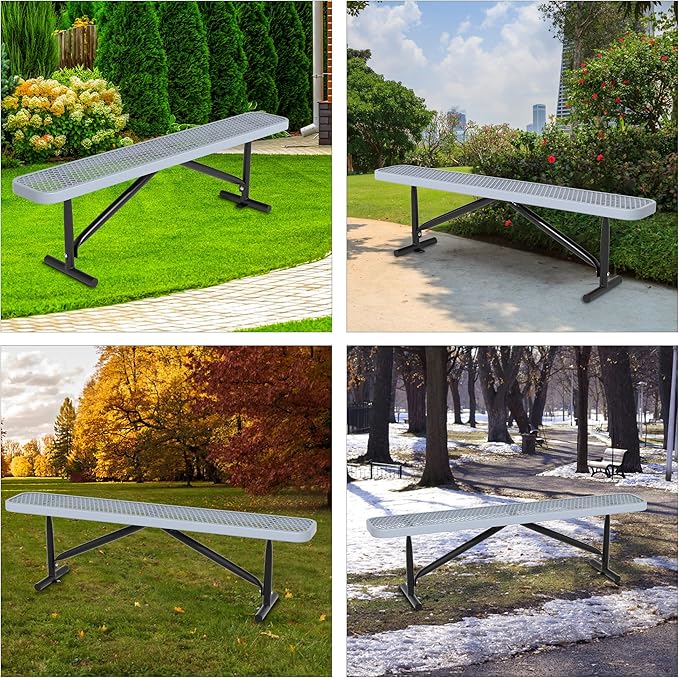 48" L Outdoor Steel Flat Bench, Heavy Duty Metal Park Bench for Outside, Expanded Metal, Commercial Benches Mesh Bench for Shopping Mall, Store, Lawn, Park, Patio, Deck, Garden (Grey, 6FT)-VerdiqueGarden