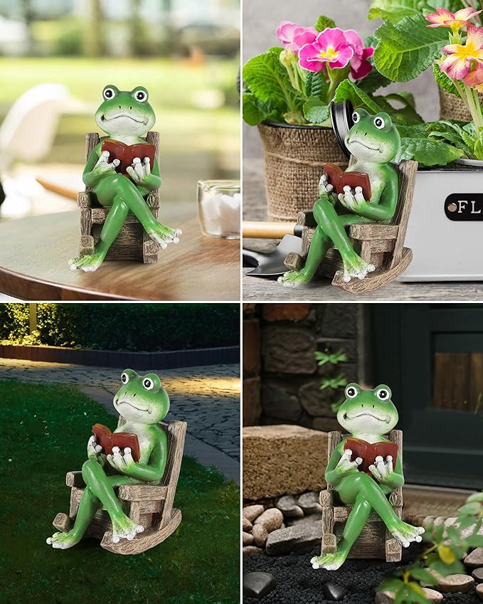 iStatue Miniature Solar Frog Reading Book Figurine Light - 5.5'' Resin Chair Statue Outdoor Table Decor for Lawn Ornaments, Patio, Yard & Garden and Home-VerdiqueGarden