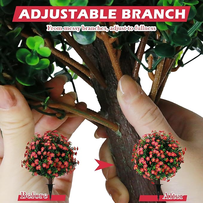 Sunnyglade Set of 2 Artificial Boxwood Topiary Ball Trees with Red Flower, Faux Shrub Bushes with Ground Spike 25.5", UV Resistant Fake Boxwood Plants for Indoor, Garden, Porch, Patio Decor (Red)-VerdiqueGarden