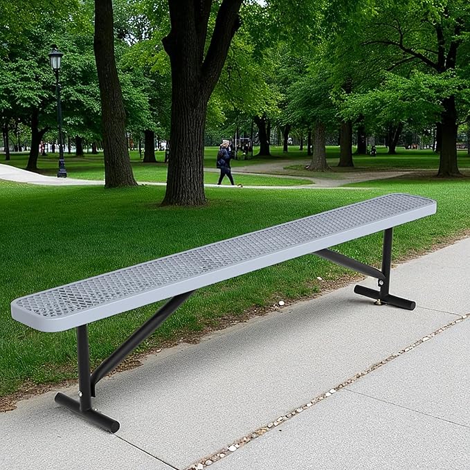 48" L Outdoor Steel Flat Bench, Heavy Duty Metal Park Bench for Outside, Expanded Metal, Commercial Benches Mesh Bench for Shopping Mall, Store, Lawn, Park, Patio, Deck, Garden (Grey, 8FT)-VerdiqueGarden