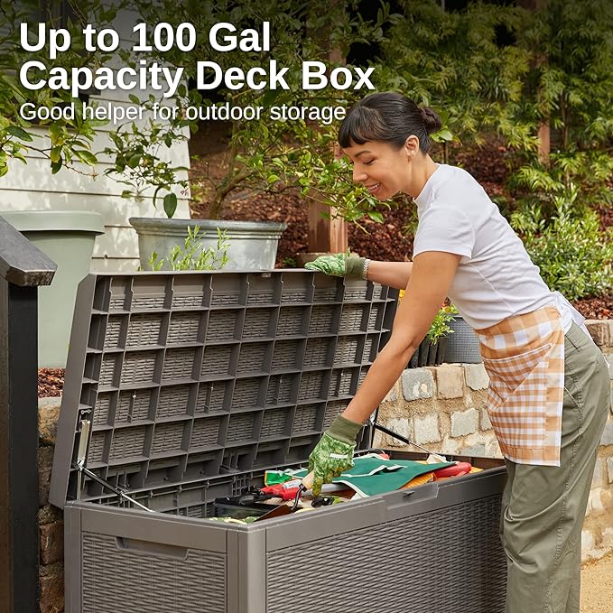 EAST OAK Outdoor Storage Box, 100 Gallon Deck Box, Waterproof Resin Storage Bench for Patio Cushions, Gardening Tools, Pool Accessories, Lockable, UV Resistant, Grey-VerdiqueGarden