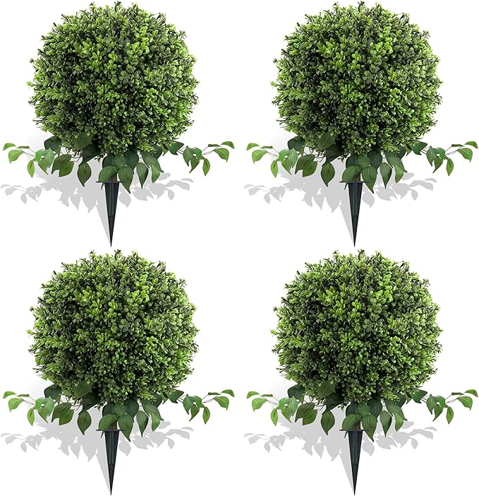 28" Artificial Boxwood Ball Bush, UV Resistant Topiary Tree Faux Boxwood Ball Shaped Porch Bushes with Ground Spike Artificial Bushes for Outdoors Front Door Decor Home Garden-VerdiqueGarden