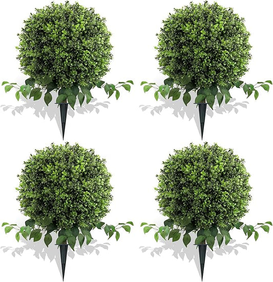 28" Artificial Boxwood Ball Bush, UV Resistant Topiary Tree Faux Boxwood Ball Shaped Porch Bushes with Ground Spike Artificial Bushes for Outdoors Front Door Decor Home Garden-VerdiqueGarden