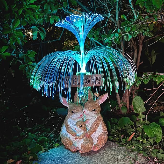Solar Rabbit Garden Statues,Resin Rabbit Family Figurine with Welcome Card and 7-Color Changing Optical Fiber with Solar Lights, Lawn Decor Outdoor Statue for Patio,Balcony,Yard,Lawn-VerdiqueGarden