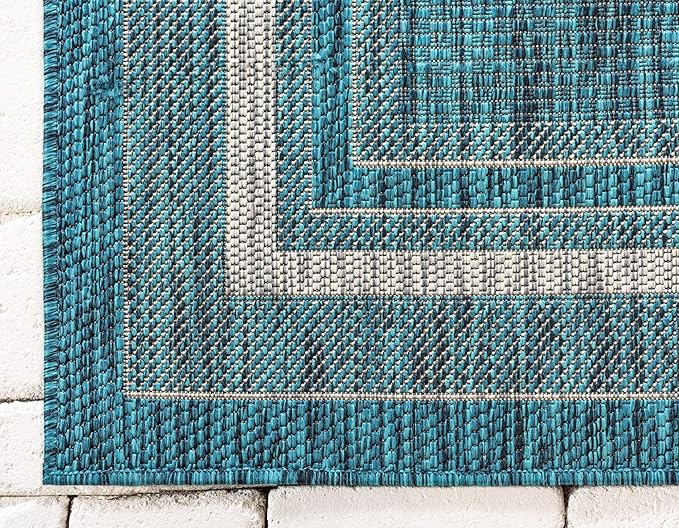 Unique Loom Outdoor Border Collection Area Rug - Soft Border (8'x 11' 4" Rectangle, Teal/ Ivory)-VerdiqueGarden