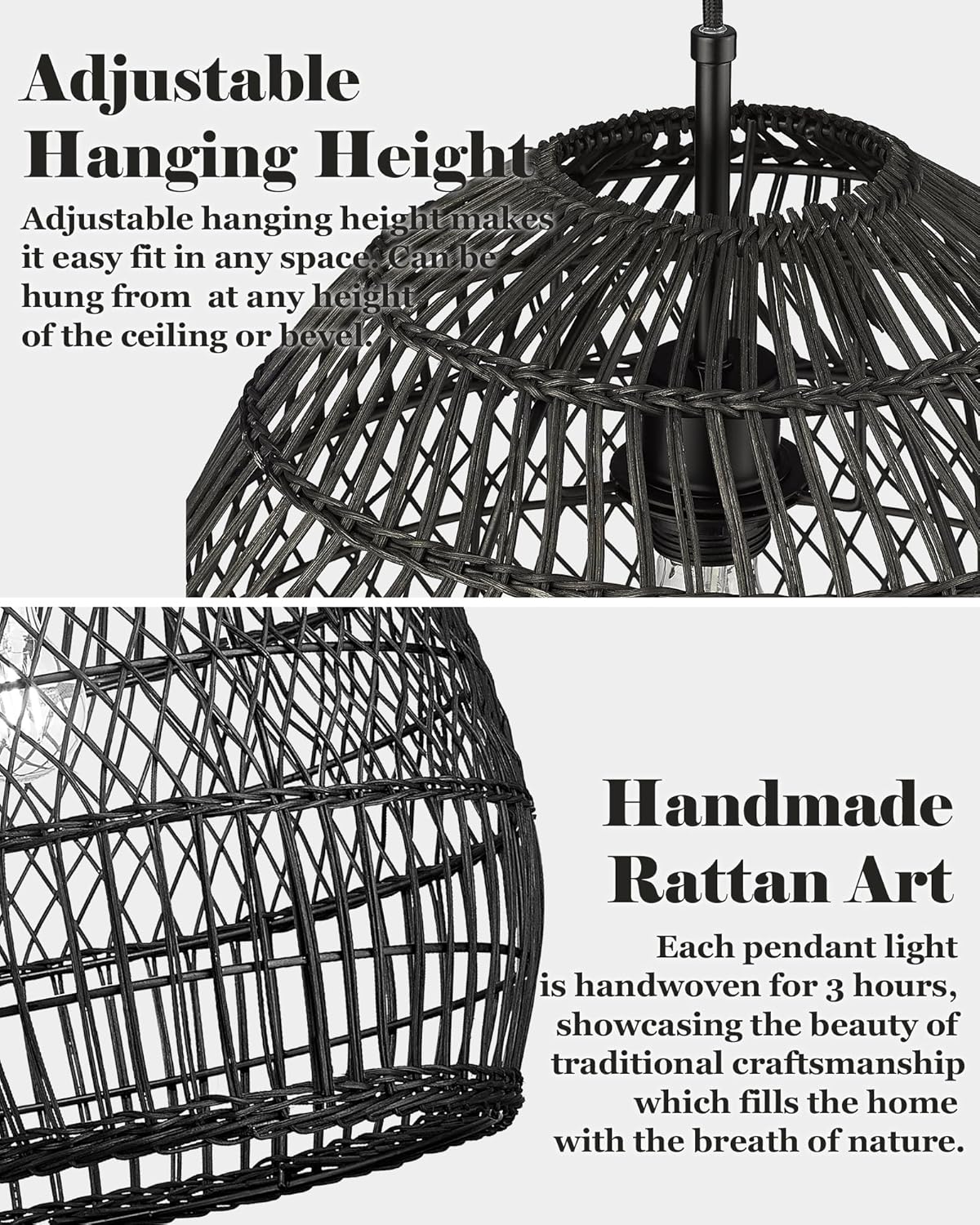 ELYONA 16” Large Rattan Pendant Light, Modern Black Wicker Chandelier, Hand Woven Boho Basket Hanging Light Fixtures for Farmhouse Dining Room Kitchen Island Living Room Bedroom Foyer (40cm*40cm)-VerdiqueGarden