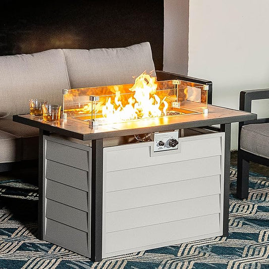 Nuu Garden 43'' Patio Propane Fire Pit Table, 50,000 BTU Gas Fire Pit with Marble-Textured Glass Top, Wind Guard, Lid, Glass Beads, CSA-Certified, 2-in-1 Outdoor Table for Gatherings, Ivory White-VerdiqueGarden