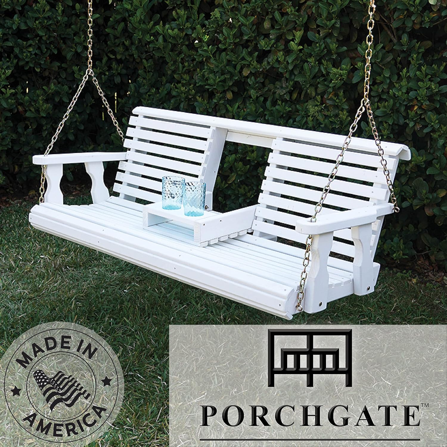 Porchgate Amish Heavy Duty Console Porch Swing with Fold Down Cup Holders in Semi Solid White Stain - Amish Made in The USA from Treated Pine, Hanging Chains Included-VerdiqueGarden