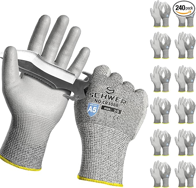 240 Pairs ANSI A5 Cut Resistant Work Gloves, Cut Proof Gloves with PU Coating, Used for Metal Fabrication, WoodWorking, Construction, Non Slip, Durable, S, CR3088-VerdiqueGarden