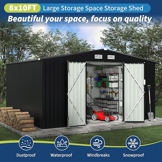 8x10 FT Metal Storage Sheds Outdoor with Floor, Metal Yard Sheds Garden Shed Kit, MetalTool Shed with Lockable Door, Metals UtilitySheds Buildings with Air Vent for Backyard Garden Patio Lawn-VerdiqueGarden