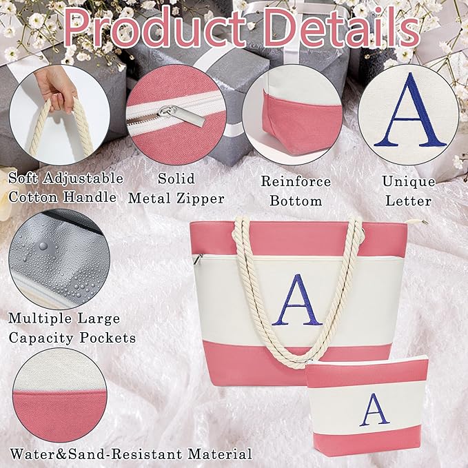 YOOLIFE Beach Bags for Women - Initial Tote Waterproof Bag with Makeup Bag, Mothers Day Gifts for Women Mom Friend Birthday-VerdiqueGarden