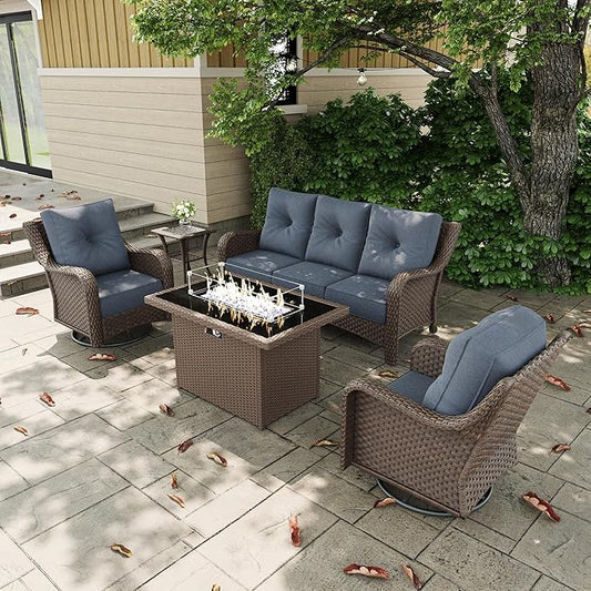 5 Pieces Outdoor Patio Furniture Sets with Rocking Swivel Chairs with 6-inch Thick Cushion and Fire Pit Table for Deck Lawn-VerdiqueGarden