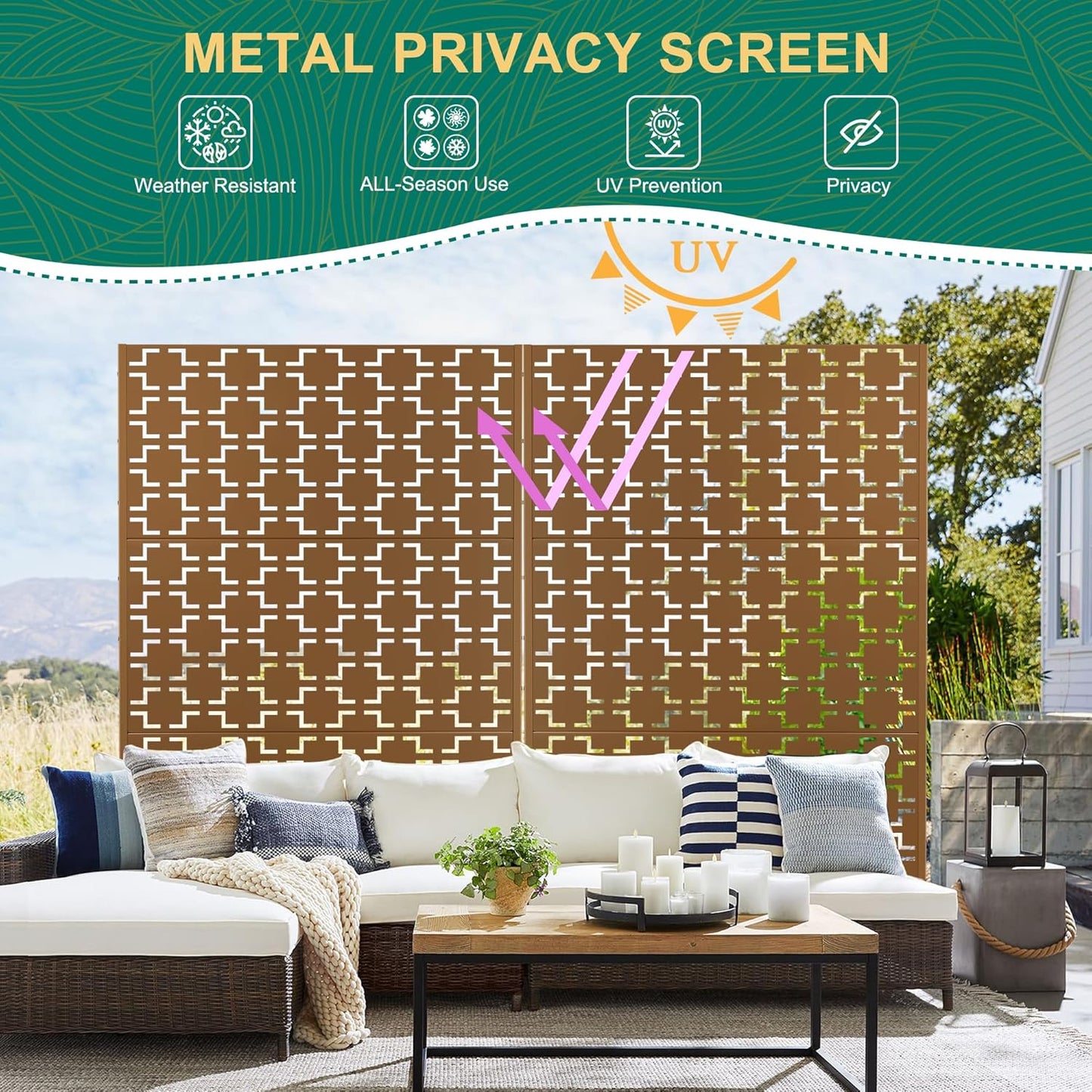 72" H47" W Metal Outdoor Privacy Screen - Freestanding, Decorative Fence (3 Panels)-VerdiqueGarden