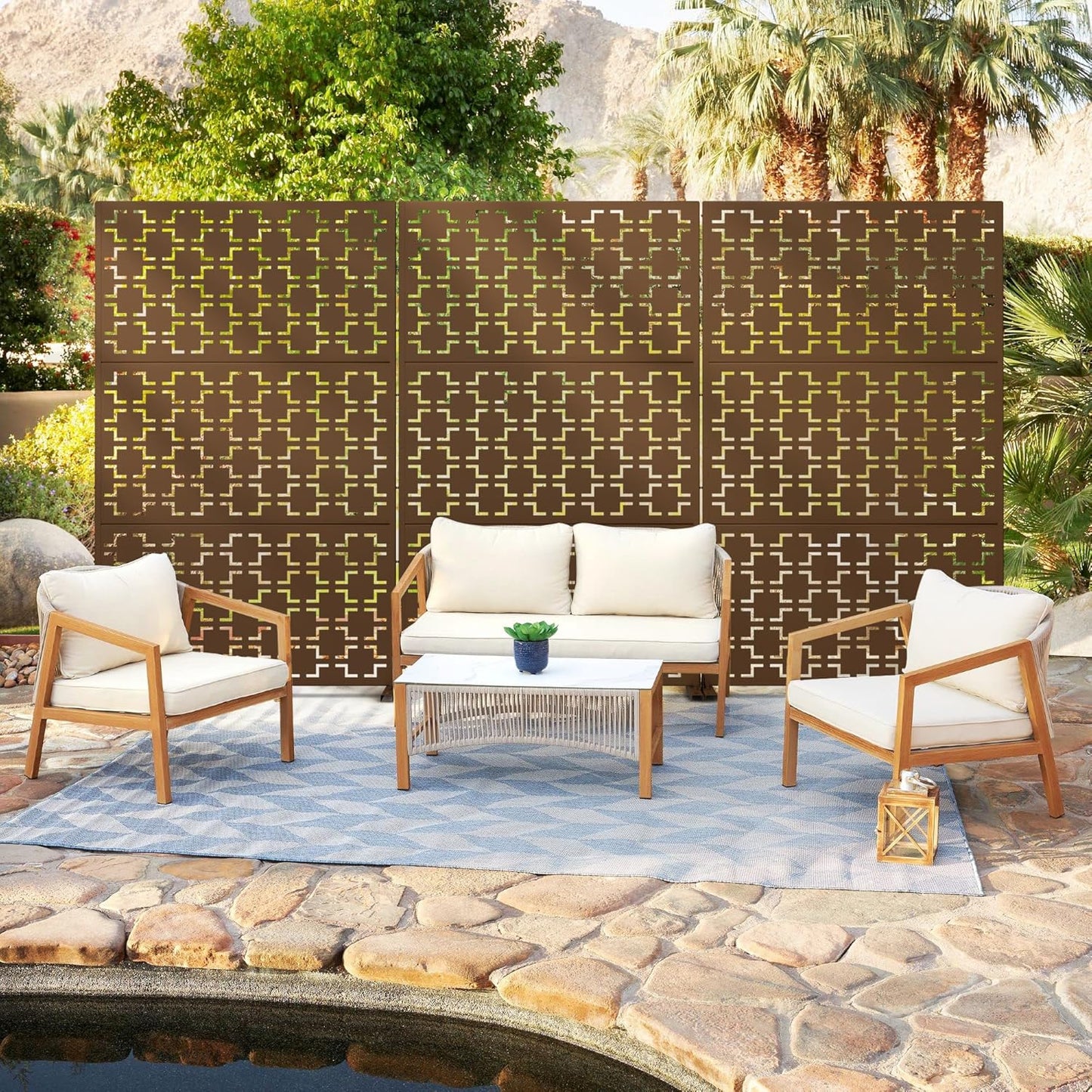 Metal Privacy Screen Outdoor 72" H×47" W,Freestanding Decorative Privacy Screen for Balcony Yard&Garden,Privacy Fence-Brown&Square-VerdiqueGarden