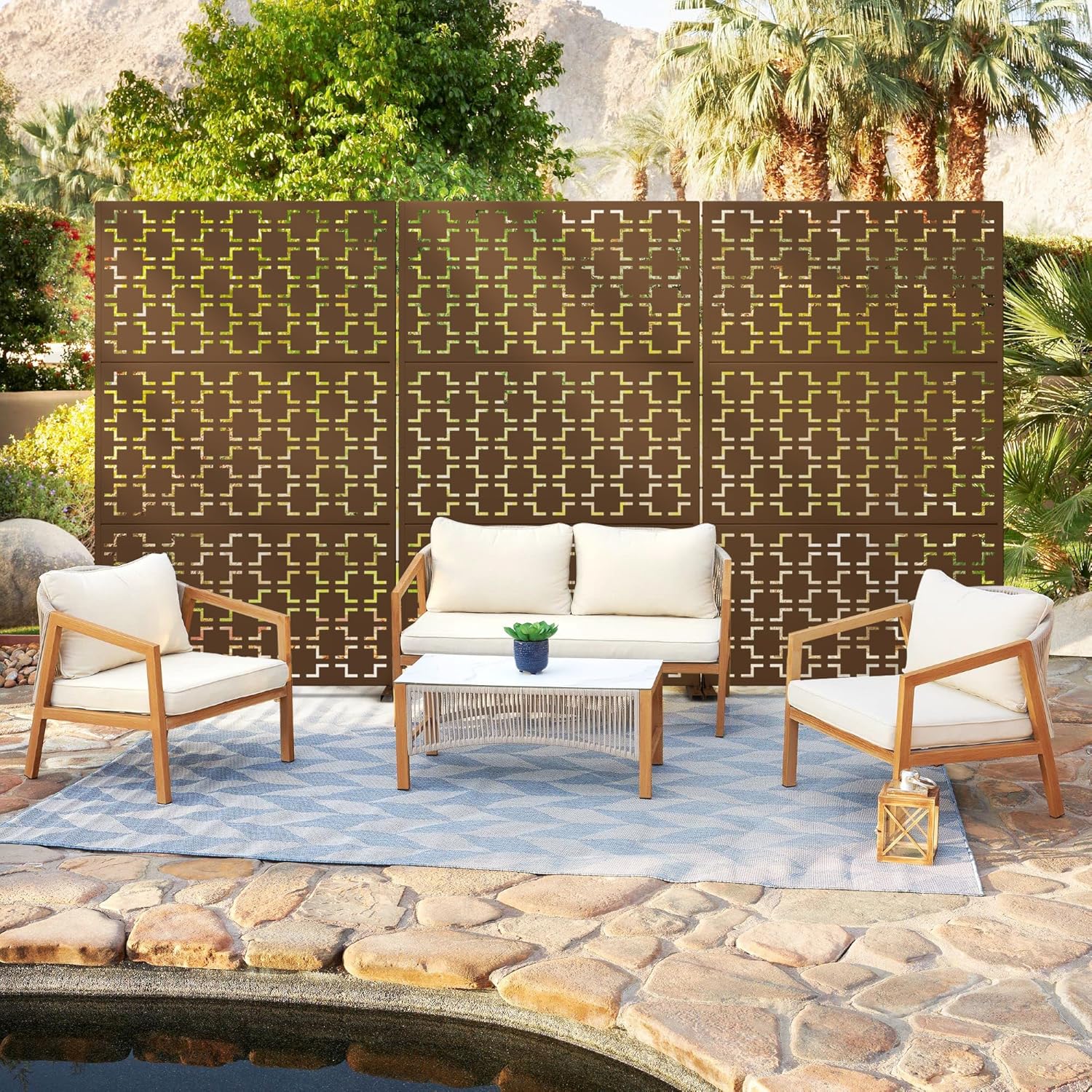 Metal Privacy Screen Outdoor 72" H×47" W,Freestanding Decorative Privacy Screen for Balcony Yard&Garden,Privacy Fence-Brown&Square-VerdiqueGarden