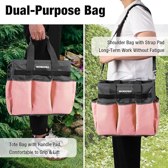 WORKPRO Garden Tool Bag, Heavy Duty Gardening Tote Bag Organizer with 10 Pockets and Long Adjustable Shoulder Strap, Standable Garden Home Tool Kits Organizer, Pink-VerdiqueGarden