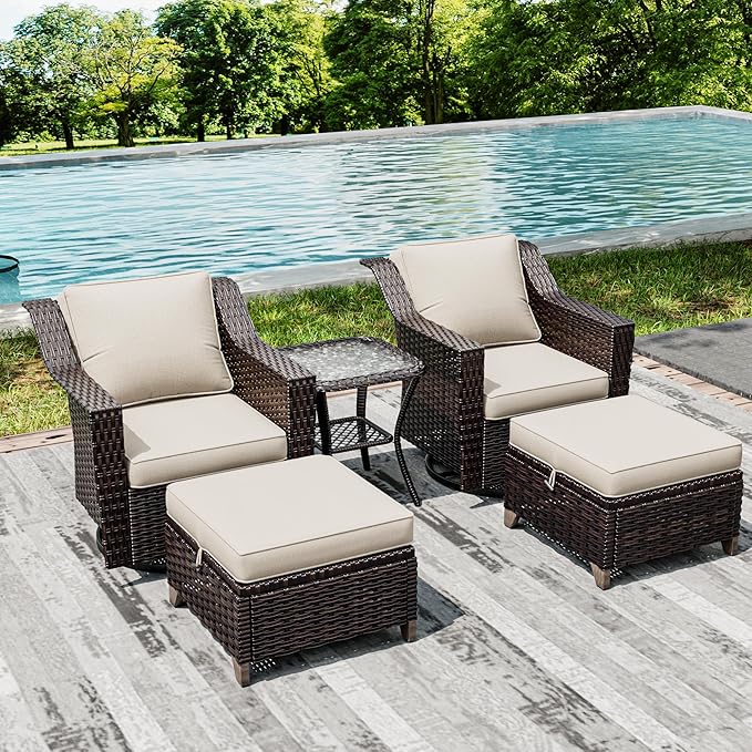 Joyside Wicker Patio Furniture Sets, 5 Pieces Upgraded Large Size Outdoor Furniture with Swivel Rocking Patio Chairs, Outdoor Ottoman and Side Table, Thick Cushions, Wide Armrest-VerdiqueGarden
