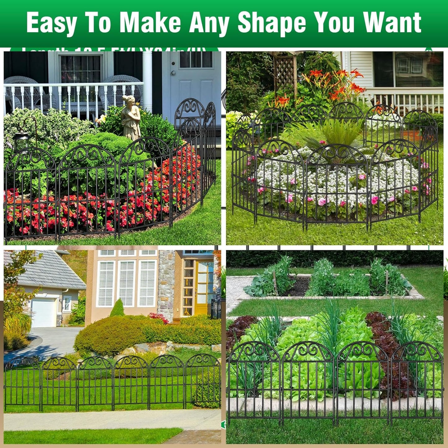 ADAVIN 10 Panels Collapsible Garden Fence Animal Barrier Fence,11ft(L) x 24in(H) Black Rustproof Metal Wire Panel Border for Dogs Rabbits, Flower Edging for Landscape Patio Yard Outdoor Decor, Arched-VerdiqueGarden