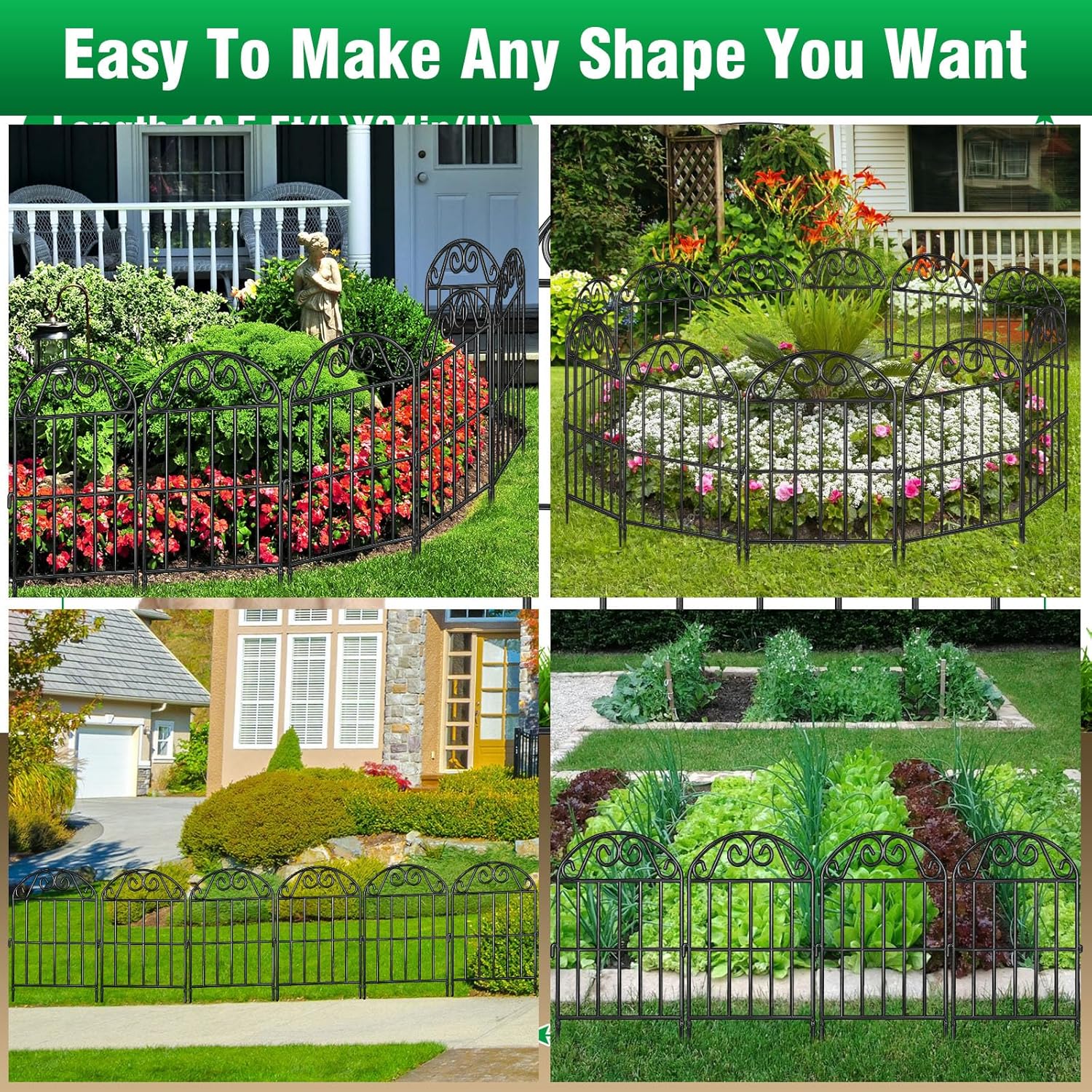 ADAVIN 24 Panels Collapsible Garden Fence Animal Barrier,26 Ft(L) x 24 in(H) Black Rustproof Metal Wire Panel Border for Dogs Rabbits, Flower Edging for Landscape Patio Yard Outdoor Decor, Arched-VerdiqueGarden