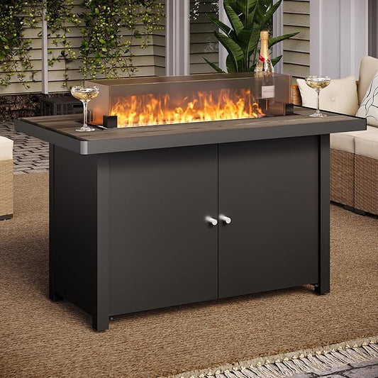 LAUSAINT HOME Propane Fire Pit Table 43 Inch with Lid, 55,000 BTU Gas Fire Pits for Outside Patio with Glass Wind Guard, Gray Glass Beads-VerdiqueGarden