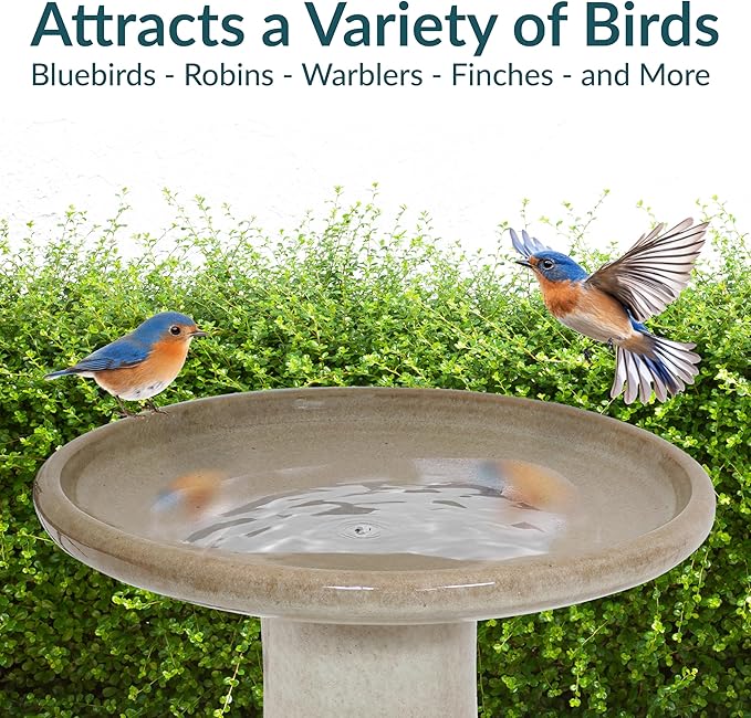 Sunnydaze 21" H Ceramic Bird Bath for Outside - Hand-Painted Outdoor Bird Bath Bowl, UV/Frost-Resistant Finish - Yam - Ribbed Pedestal-VerdiqueGarden