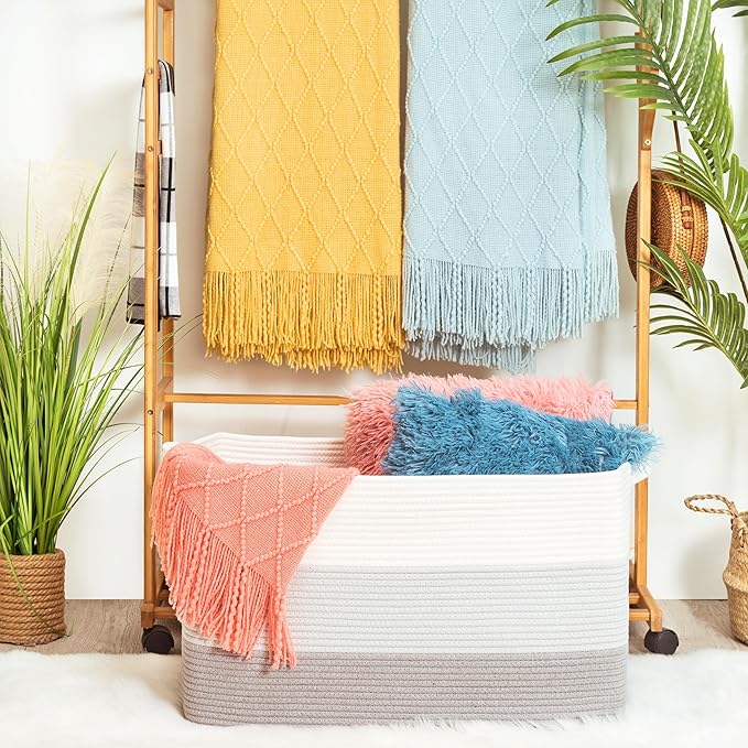 MINTWOOD Design 22in Extra Large Blanket Basket Holder Living Room, Rectangle Rope Woven Storage Basket with Handles for Laundry, Pool Towels, and Shoes, Dog Toy Organizer Bin Box, 3-Tone Light Gray-VerdiqueGarden