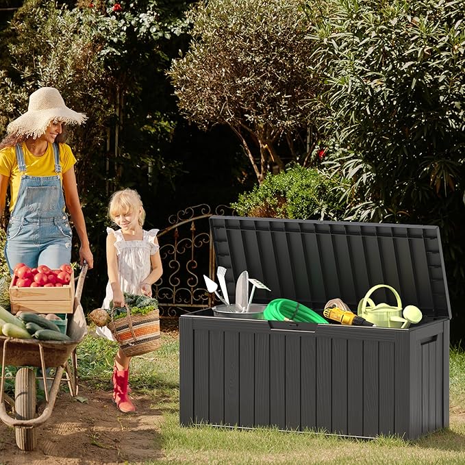 NUNU LAB 75 Gallon Outdoor Storage Box,Large Resin Sturdy Deck Box, Backyard Outside Storage Box Waterproof with Double Wall Panels,Package Delivery Garden Hose Storage Bin Outdoor Tool-VerdiqueGarden
