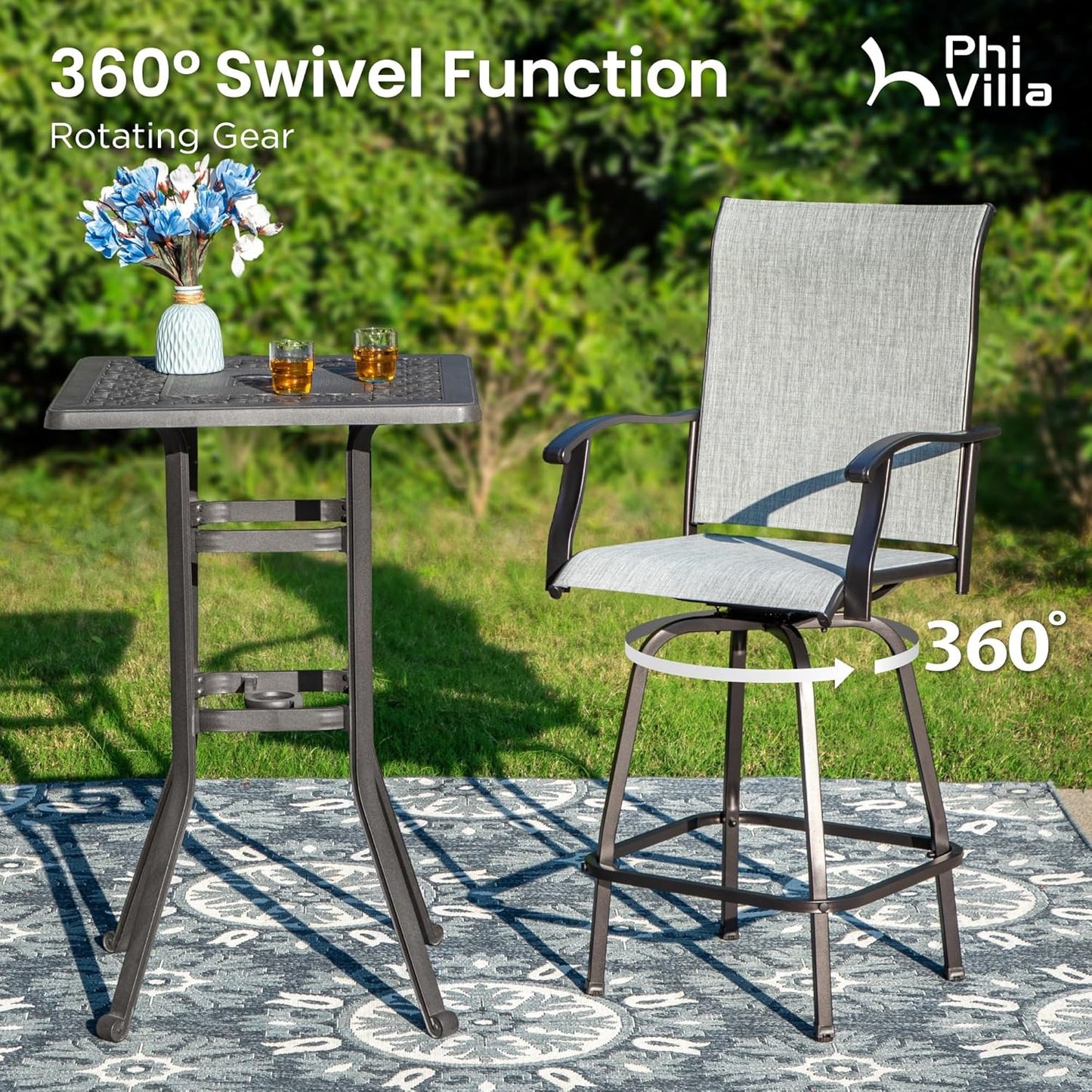 PHI VILLA Outdoor Swivel Patio Bar Stools Set of 4, 30 Inch Bar Height Tall Patio Chairs with Back & Armrest, Durable Textilene Fabric in Grey for Deck Lawn Garden-VerdiqueGarden