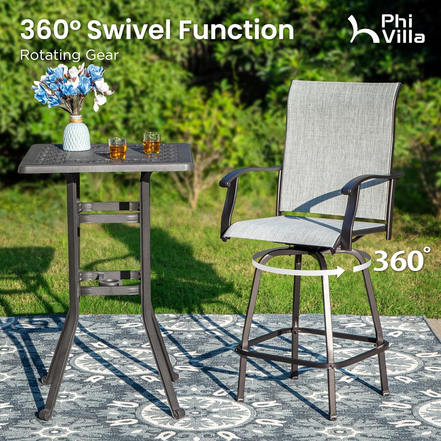 PHI VILLA Outdoor Swivel Patio Bar Stools Set of 4, 30 Inch Bar Height Tall Patio Chairs with Back & Armrest, Durable Textilene Fabric in Grey for Deck Lawn Garden-VerdiqueGarden